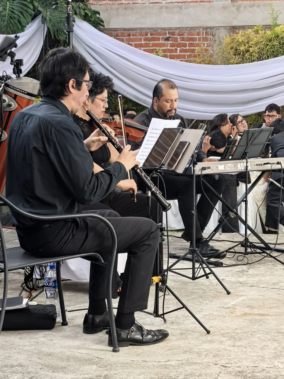 Músicos de alientos, cuerdas y piano durante una interpretación
